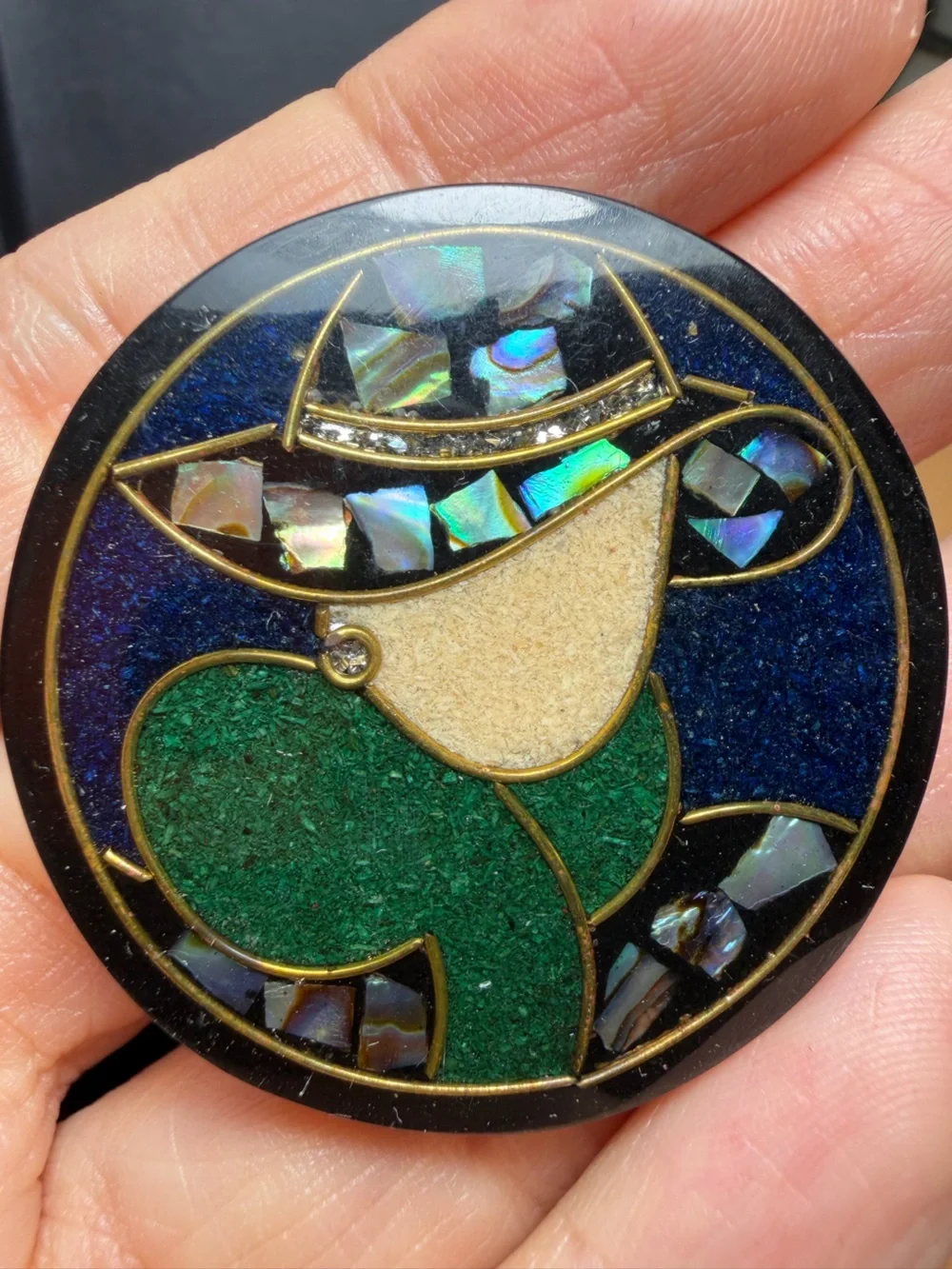VTG Lee Sands Mosaic Inlay Lady in Hat Brooch Abalone Shell Art Deco Style Pin